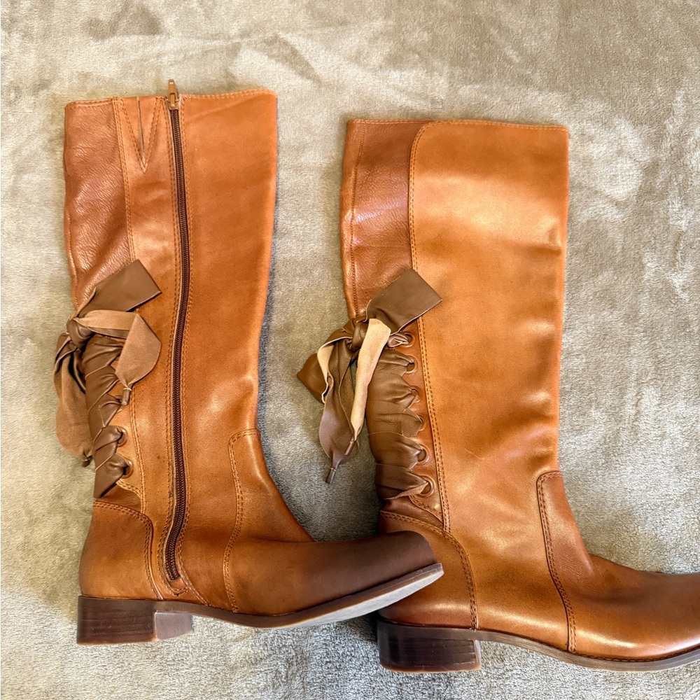 Gianni Bini Brown Leather Ankle Boots with Ribbon Detail